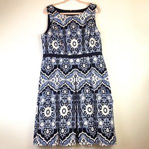 Talbots Floral & Medallion Fit & Flare Dress. Size 16. Pleated Lined. Sleeveless